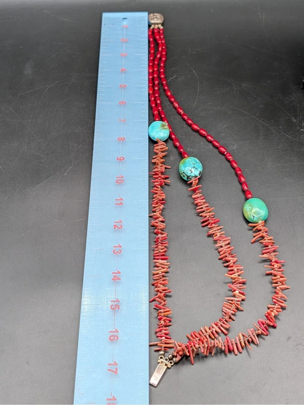 Vintage Large Turquoise Red Coral Branch 925 Sterling Silver Statement Necklace